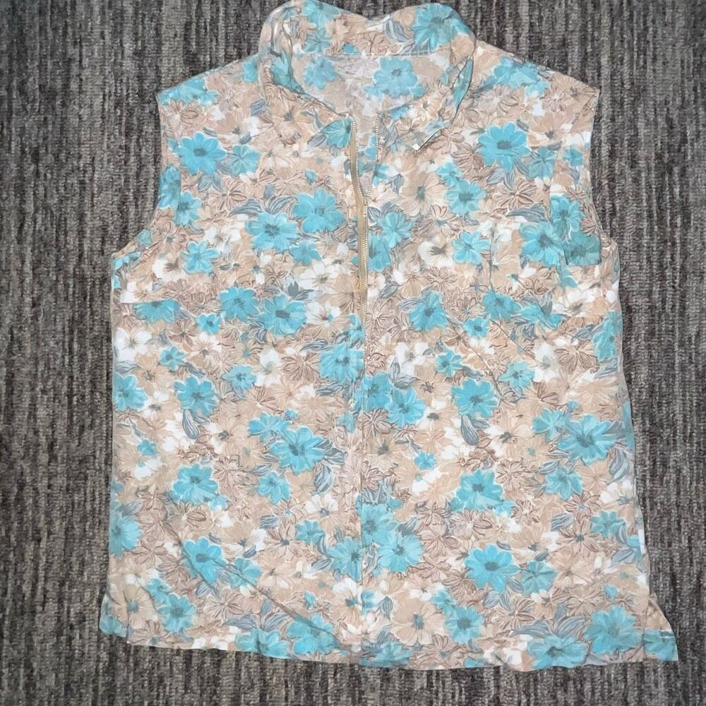 Vintage Women’s Medium Zip Up Vest Tan Blue Floral Cotton Collared Sleeveless